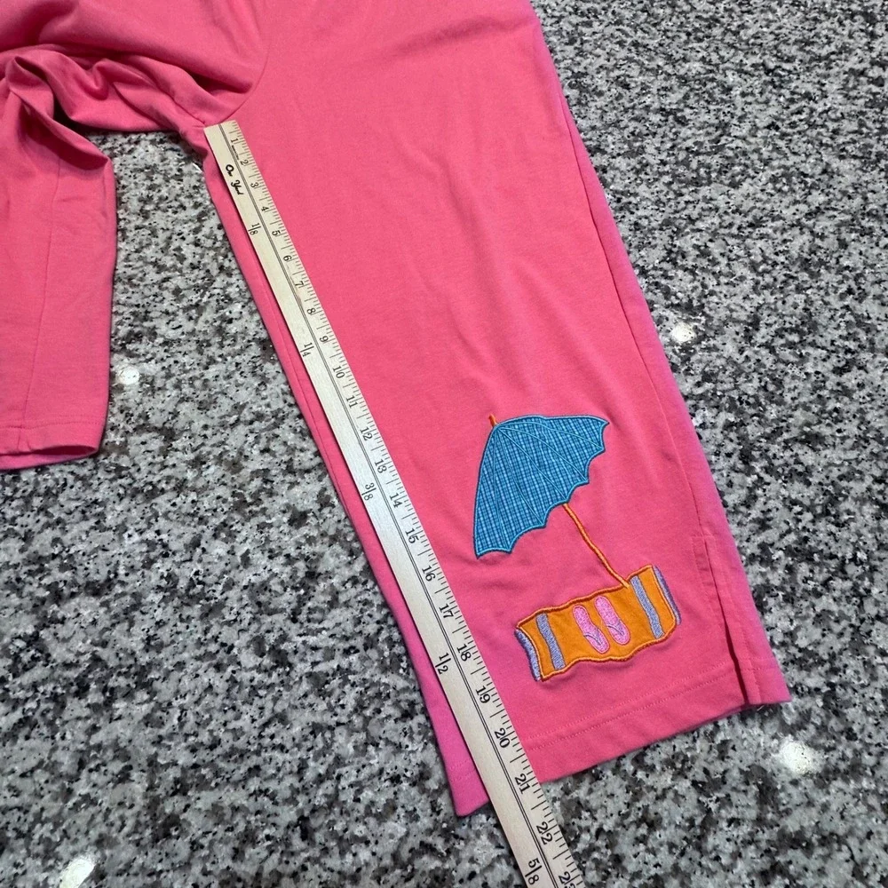 Onque Casuals Women's Pink Beach Scene‎ Short Sleeve Button Up Top Pants Set M